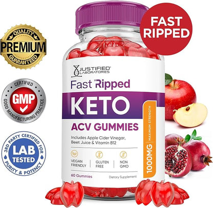 (5 Pack) Fast Ripped Keto ACV Gummies Advanced Formula 1000MG Fast Ripped Keto Gummies Apple Cider Vinegar Formulated with Pomegranate Beet Juice Powder B12 Vegan Non GMO 300 Gummys