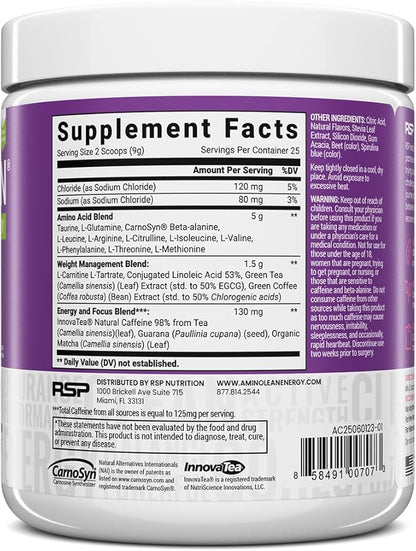RSP AminoLean - All-in-One Natural Pre Workout, Amino Energy, Weight Management - Vegan BCAAs, Preworkout for Men & Women, Acai, 25 Serv