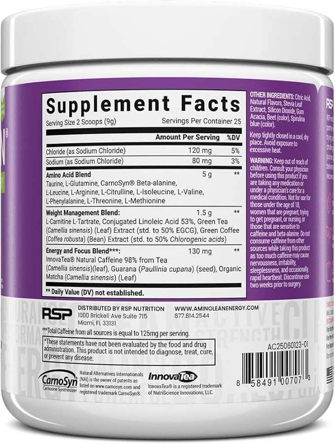 RSP AminoLean - All-in-One Natural Pre Workout, Amino Energy, Weight Management - Vegan BCAAs, Preworkout for Men & Women, Acai, 25 Serv