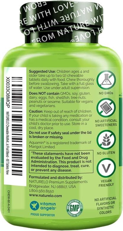 NATURELO Chewable Vitamin for Kids – Multivitamin with Whole Food Organic Fruit Blend - 60 Tablets for Children