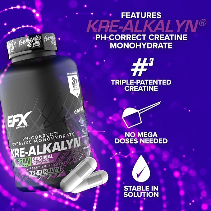 EFX Sports Kre-Alkalyn EFX | pH Correct Creatine Monohydrate Pill Supplement | Vegan Friendly | Strength & Muscle Growth | 90 Servings, 180 Veggie Capsules (Pack of 2)