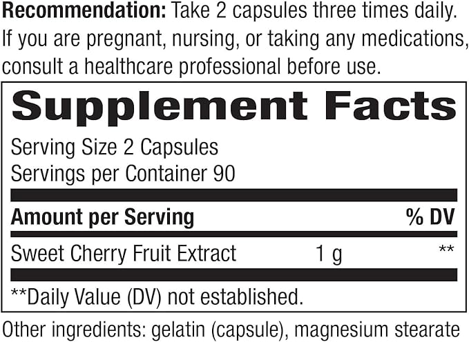 Nature's Way Cherry Fruit, Sweet Cherry Extract, Supports Antioxidant Pathways*, 1,000 mg Per Serving, 180 Capsules