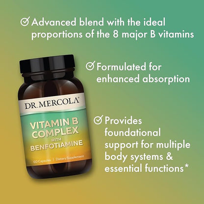 Dr. Mercola Vitamin B Complex, 30 Servings (60 Capsules), with Benfotiamine, Dietary Supplement, Supports Energy Production, Non-GMO