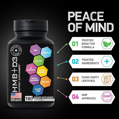 HMB and Vitamin D3 Supplement - B-Hydroxy B-Methylbutyrate Butyrate - 1,000 MG HMB Supplements with D3 and Calcium - Strength and Recovery Support, Muscle Growth, Mass Gainer - 180 Days, 360 Capsules