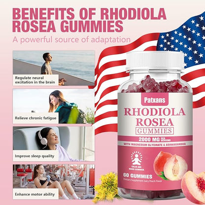 2 Packs 2000MG Sugar Free Rhodiola Rosea Gummies -Rhodiola Supplement ＆Cortisol Reducer for Endurance, Mood ＆Stress, Sleep＆ Fatigue Relief Support, Non-GMO, 120 Tablets Vegetarian Chews