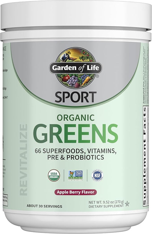 Garden of Life Sport Nutrition Greens and Superfoods Powder - Apple Berry, Organic Athletic Powder Blend with Fruits, Vitamins, Pre & Probiotics, Mushrooms Supplements, Vitamin K2, About 30 Servings