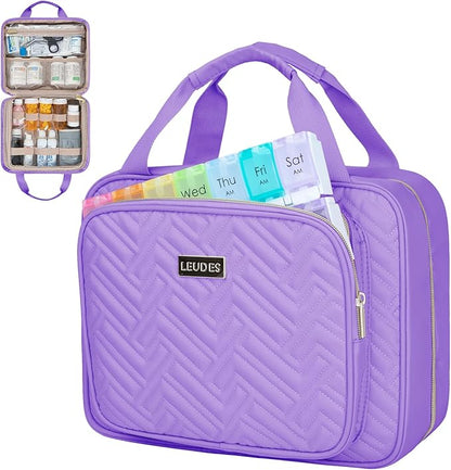Leudes Travel Pill Bottle Organizer,Medicine Organizer and Storage,Home Medication Bag, Cases,Carrier for Pills,Vitamin,Fish Oil,Supplements for Women and Men (Large, Purple)