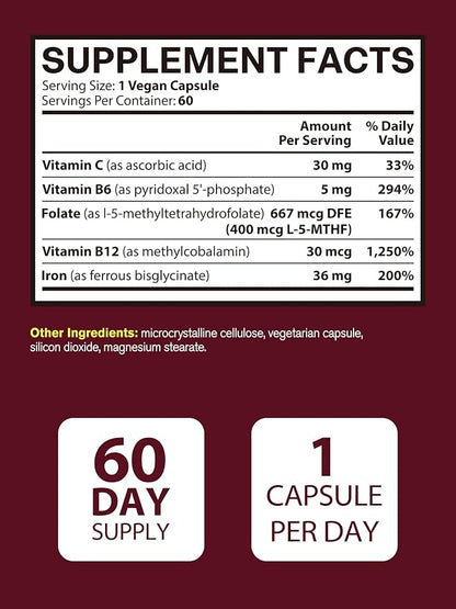 Iron Supplement for Women & Men, Iron Bisglycinate with Vitamin C, B6, B12, Folate, Stomach Friendly, Non-Constipating, Blood Health & Energy Boost, 60 Vegan Caps