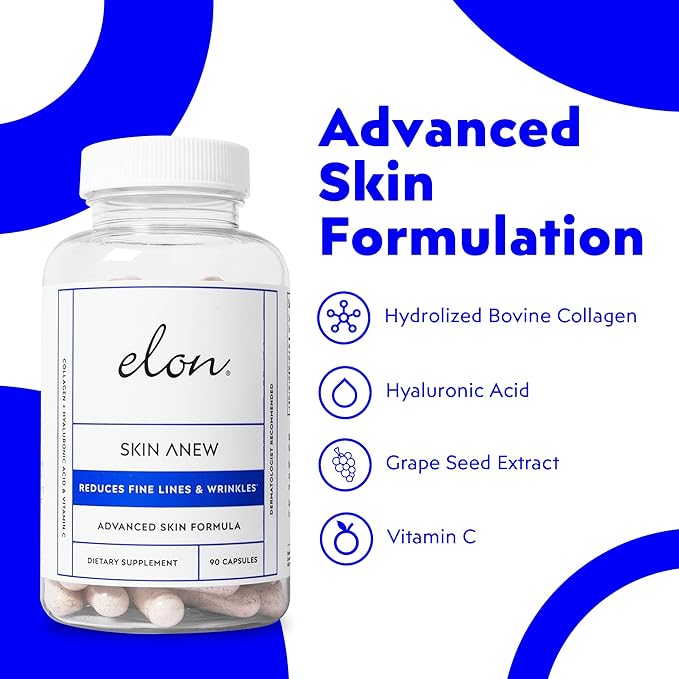 Elon Skin Anew with Hydrolyzed Collagen & Hyaluronic Acid & Antioxidants | Hydrating & Anti Aging Skin Supplement for Vibrant Skin Health (90 Capsules)