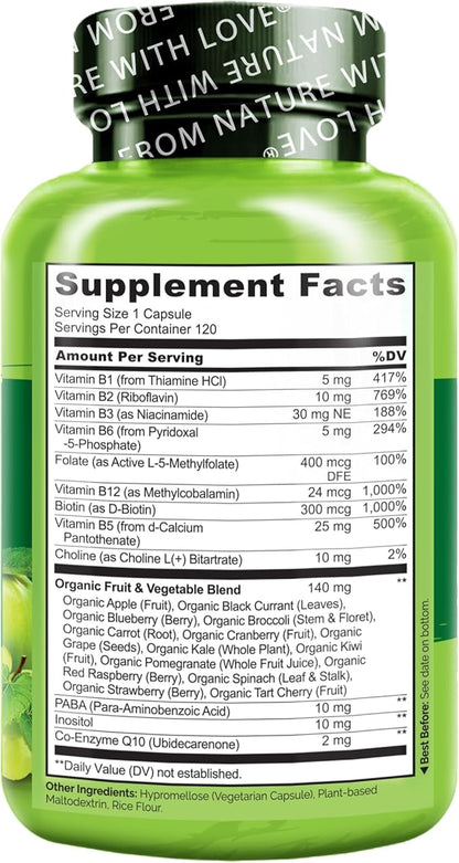 NATURELO Vitamin B Complex with Methyl B12, Methyl Folate, Vitamin B6, Biotin Plus Choline, CoQ10, and Fruit & Vegetable Blend - Supports Energy & Healthy Stress Response - Vegan - 120 Capsules