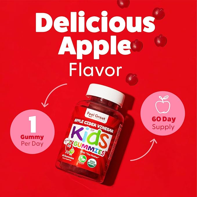 Organic Kids Apple Cider Vinegar Gummies by Feel Great Vitamins | Rich in Digestive Enzymes & Natural Antioxidants for Gut Health | Kids Gummy Supports Healthy Nutrient Absorption | 60 Day Supply