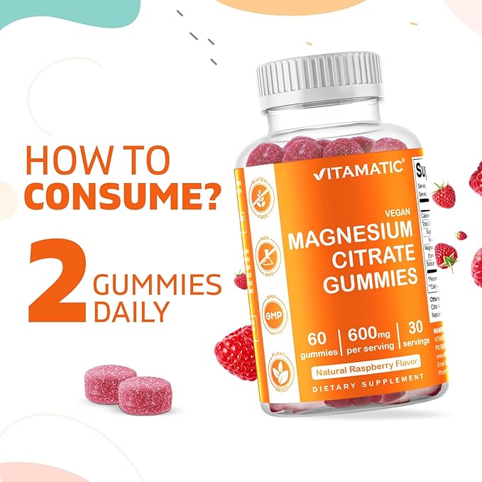 Vitamatic Magnesium Citrate Gummies 600mg per Serving - 60 Vegan Gummies - Promotes Healthy Relaxation, Muscle, Bone, & Energy Support (60 Gummies (Pack of 2))