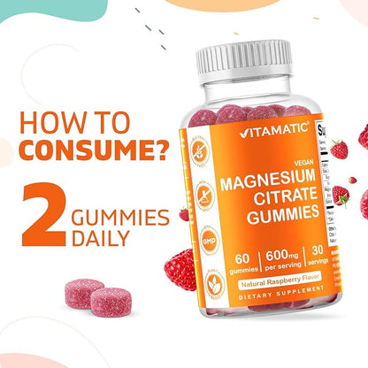 Vitamatic Magnesium Citrate Gummies 600mg per Serving - 60 Vegan Gummies - Promotes Healthy Relaxation, Muscle, Bone, & Energy Support (60 Gummies (Pack of 1))