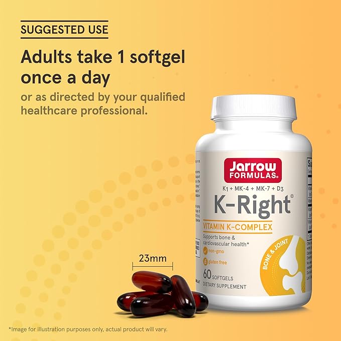 Jarrow Formulas K-Right - Vitamin K-Complex (K1, MK-4, MK-7, D3) - 60 Servings (Softgels) - Dietary Supplement for Bone & Cardiovascular Health Support - Vitamin K2 MK-7 - Gluten Free