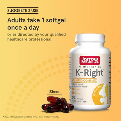 Jarrow Formulas K-Right - Vitamin K-Complex (K1, MK-4, MK-7, D3) - 60 Servings (Softgels) - Dietary Supplement for Bone & Cardiovascular Health Support - Vitamin K2 MK-7 - Gluten Free