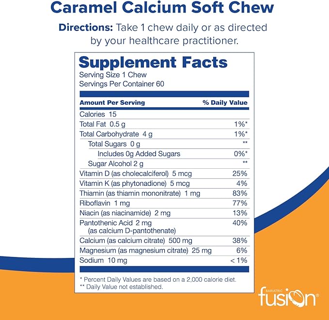 Bariatric Fusion Bariatric Calcium Chews | Calcium Citrate with Vitamin D3 Calcium Supplement Bariatric Vitamin | Sugar Free Calcium Citrate Chewable | Calcium Citrate 500mg | Caramel | 60 Count