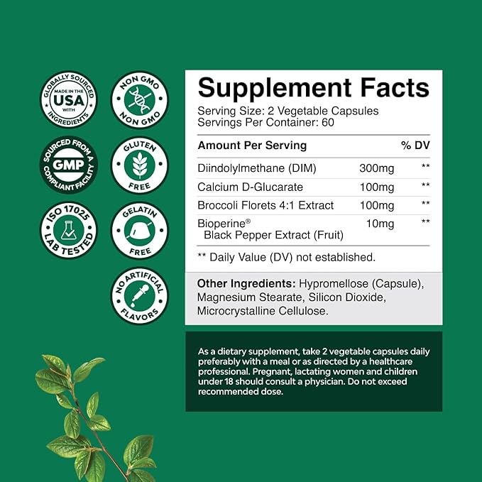 Extra Strength Diindolylmethane DIM Supplement - DIM Complex Men and Womens Hormone Balance Supplement with DIM SGS and Calcium D-Glucarate - Herbal DIM Supplement for Men and Women (60 SVG)