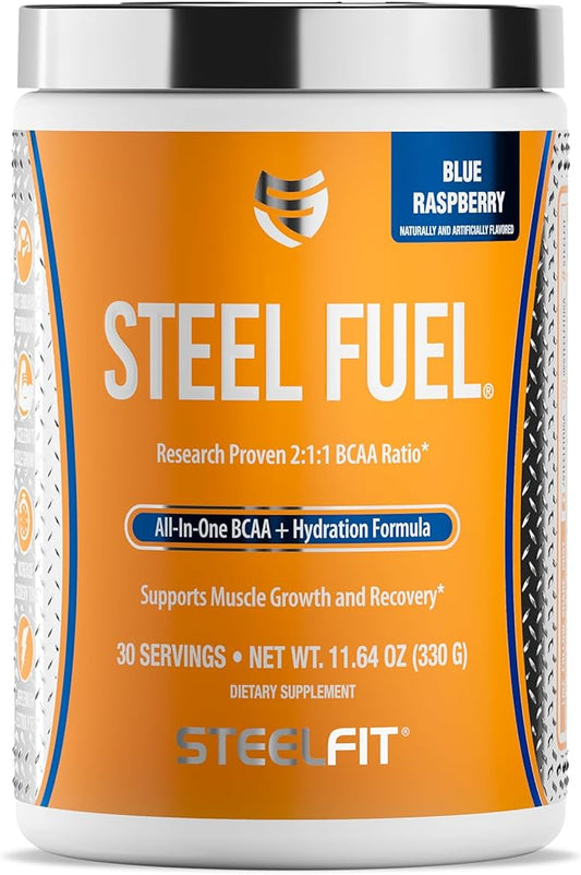 SteelFit Steel Fuel BCAA + Electrolyte Powder | Sugar-Free 2:1:1 Amino Acids Formula | Blue Raspberry, 30 Servings | No Crash Workout Hydration, Muscle Growth & Recovery
