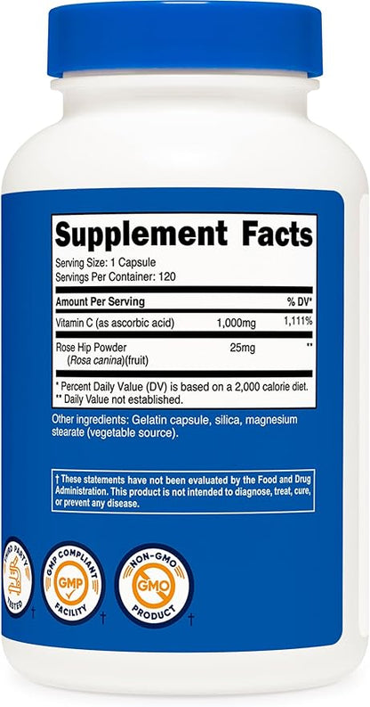 Nutricost Vitamin C with Rose HIPS 1025mg, 120 Capsules - Vitamin C 1000mg, Rose HIPS 25mg, Premium, Non-GMO, Gluten Free Supplement