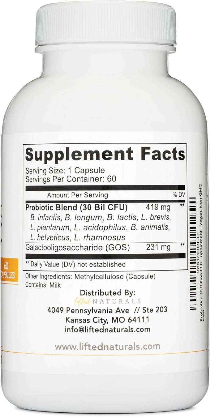 Lifted Naturals Mood Boosting Probiotic 30 Billion CFU - Mood Support Supplement, Prebiotics and Probiotics for Women & Men, Acidophilus Lactobacillus Probiotic, Shelf Stable & Non-GMO, 60 Capsules