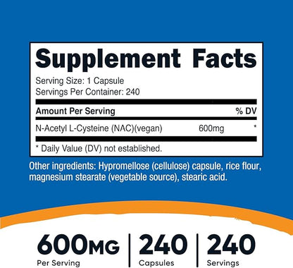 Nutricost N-Acetyl L-Cysteine (NAC) 600mg, 240 Vegetarian Capsules - Vegan, Non-GMO, Gluten Free