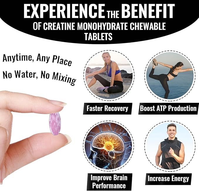 Creatine Chews Tablets for Men & Women, 4220 Mg Chewable Creatine Monohydrate for Energy, Faster Recovery, Strength, Superior Absorption with Liposomal & Micronized, Non-GMO, 60 Servings