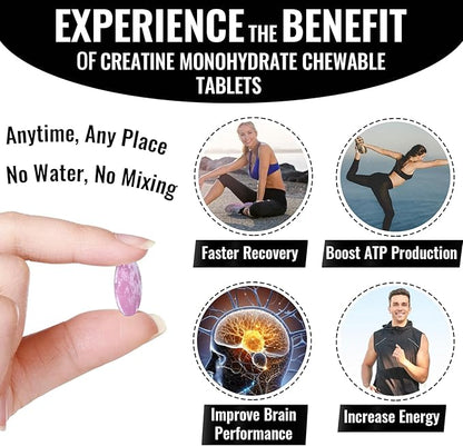 Creatine Chews Tablets for Men & Women, 4220 Mg Chewable Creatine Monohydrate for Energy, Faster Recovery, Strength, Superior Absorption with Liposomal & Micronized, Non-GMO, 60 Servings