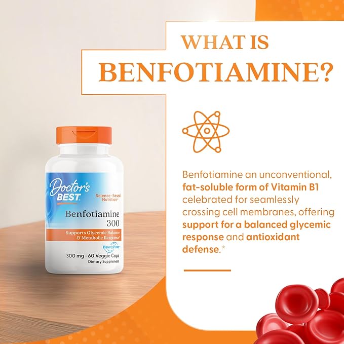 Doctor's Best Benfotiamine 300 with BenfoPure, Helps Maintain Healthy Glucose Metabolism, Non-GMO, Vegan, Gluten Free, Soy Free, 300 mg, 60 Veggie Caps
