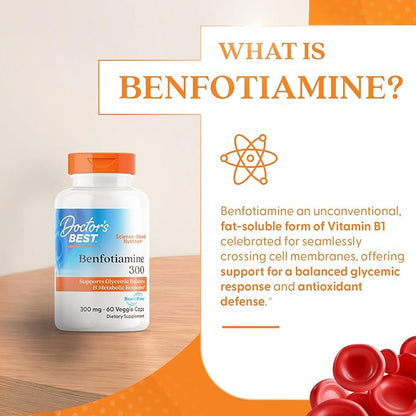 Doctor's Best Benfotiamine 300 with BenfoPure, Helps Maintain Healthy Glucose Metabolism, Non-GMO, Vegan, Gluten Free, Soy Free, 300 mg, 60 Veggie Caps