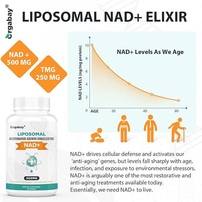 Liposomal NAD+ Supplement 500 mg, High Absorption, Boost NAD+ with TMG 250 mg, Actual NAD Plus More Efficient Than Nicotinamide Riboside, Support Cellular Energy, Healthy Aging | 360 Softgels