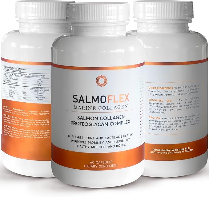 Salmoflex Marine Collagen Peptides with Hyaluronic Acid and Vitamin C, D, E - Salmon Collagen Supplement for Bone and Joint - Hair, Skin and Nail Vitamins - 60 Capsules (Pack of 2)