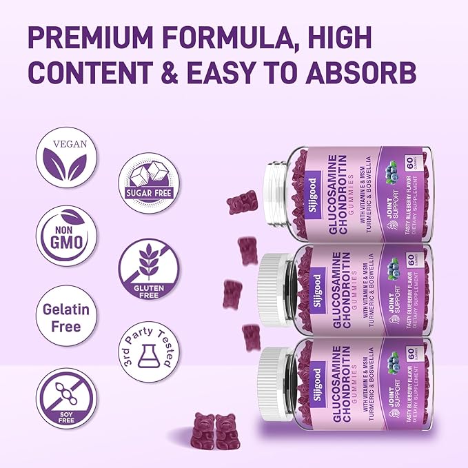 Glucosamine Chondroitin Gummies, Extra Strength Glucosamine Chondroitin MSM with Elderberry & Turmeric Supplement Support Joint & Antioxidant- 60 Blueberry Flavored Gummies