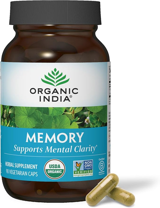 ORGANIC INDIA Memory Herbal Supplement - Brain Supplement for Memory and Focus, Bacopa Monnieri & Gotu Kola Brain Herbal Supplement, Memory Support - USDA Certified Organic, Non-GMO - 90 Capsules