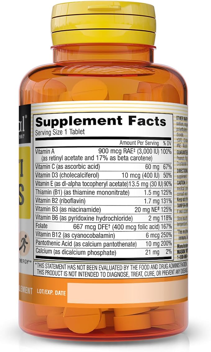 MASON NATURAL Daily Multiple Vitamins - Vitamins A, C, D3, E, B1, B2, B3, B6, B12, Folate and Calcium for Overall Health, 100 Tablets (Pack of 3)