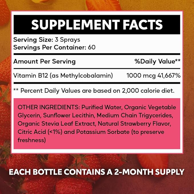 Liposomal Vitamin B12 Spray | 60 Servings | 2 Month Supply |1 fl oz | Non-GMO | No Added sugars | Gluten Free | Travel Friendly | Supports Energy, Nerve Health and Brain Function