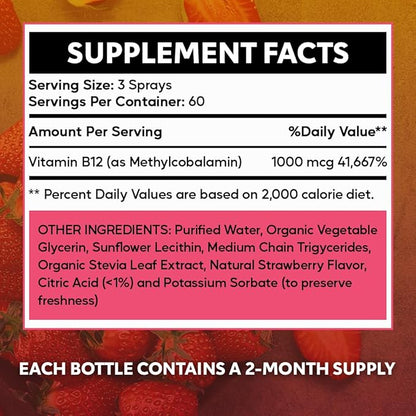 Liposomal Vitamin B12 Spray | 60 Servings | 2 Month Supply |1 fl oz | Non-GMO | No Added sugars | Gluten Free | Travel Friendly | Supports Energy, Nerve Health and Brain Function