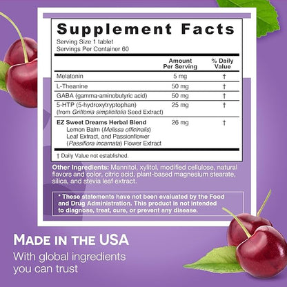 EZ Melts Dissolvable Melatonin Plus, Sugar-Free Sleep Support with Melatonin 5mg, L-Theanine, GABA, 5-HTP, and Herbal Blend, 60-Day Supply