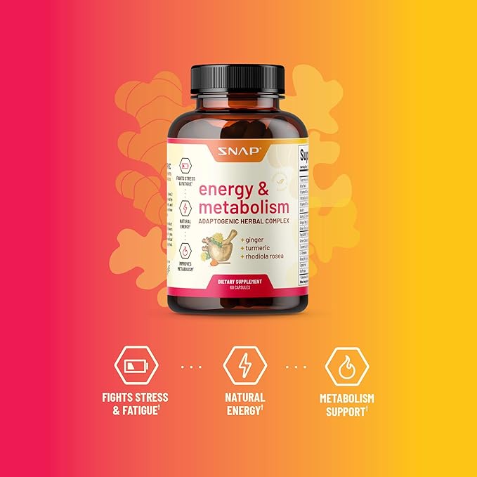 Metabolism and Natural Energy Supplements for Fatigue, Stress Relief, Energy Booster & Better Mood, Energy Pills for Women & Men, Ginger, Turmeric, Rhodiola Rosea, 60 Capsules