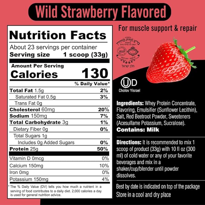 Strawberry Protein Powder Shake, Whey Protein Powder Post Workout Recovery Drink, Gluten Free, Sugar Free, Highly Kosher, 25g Protein, 5.6g BCAA, 1.65lb