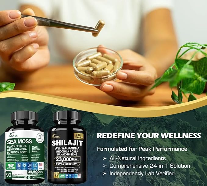 Shilajit 9000mg, Sea Moss 17500mg, Ginger & Black Seed Oil 4000mg, Ashwagandha 5000mg, Rhodiola Rosea, 1000mg Panax Ginseng 1500mg, All in 1 Supplement - Sea Moss & Shilajit Vitality Bundle