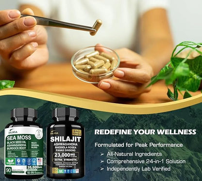 Shilajit 9000mg, Sea Moss 17500mg, Ginger & Black Seed Oil 4000mg, Ashwagandha 5000mg, Rhodiola Rosea, 1000mg Panax Ginseng 1500mg, All in 1 Supplement - Sea Moss & Shilajit Vitality Bundle