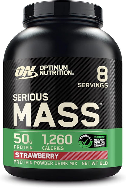 Optimum Nutrition Serious Mass, Weight Gainer Protein Powder, Mass Gainer, Vitamin C and Zinc for Immune Support, Creatine, Strawberry, 6 Pound (Packaging May Vary)