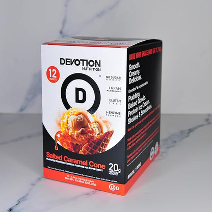 Devotion Nutrition Protein Powder Blend | Gluten Free, Keto Friendly, No Added Sugars | 1g MCT | 20g Whey & Micellar Protein | 12 Count Packets (Salted Caramel Cone)