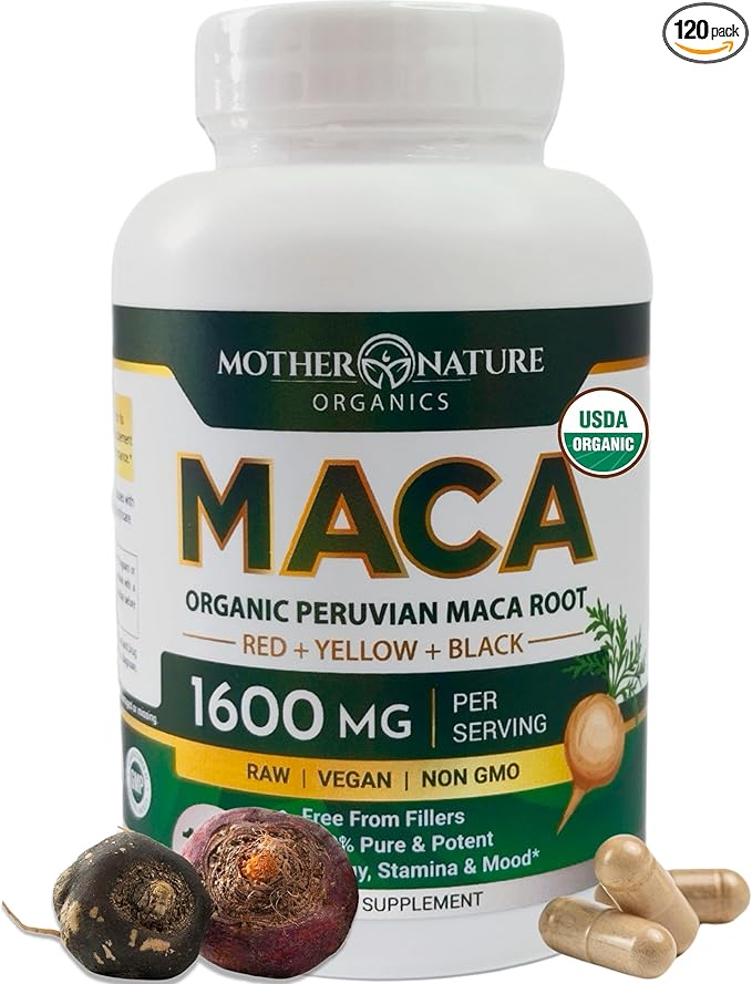 Mother Nature USDA Organic Maca Root Capsules 1600mg, Vegan, Raw Maca Supplement for Stamina, Hormonal Balance & Well-Being, Non-GMO Premium Peruvian Maca for Men & Women, Reproductive Health (120ct)