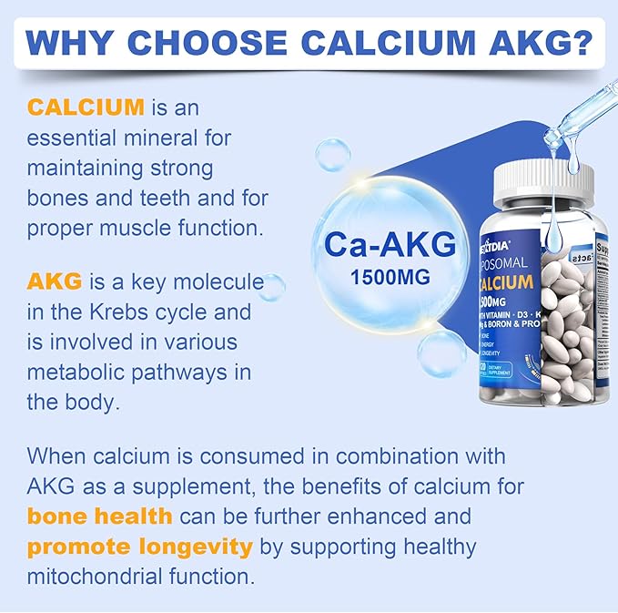 Liposomal Calcium AKG Supplement 1500mg with Vitamin D3 & K2 Softgels for Women & Men, Calcium Supplement with Magnesium Glycinate, Boron, Probiotics & Vitamin C for Bone Health & Energy - 120Cts