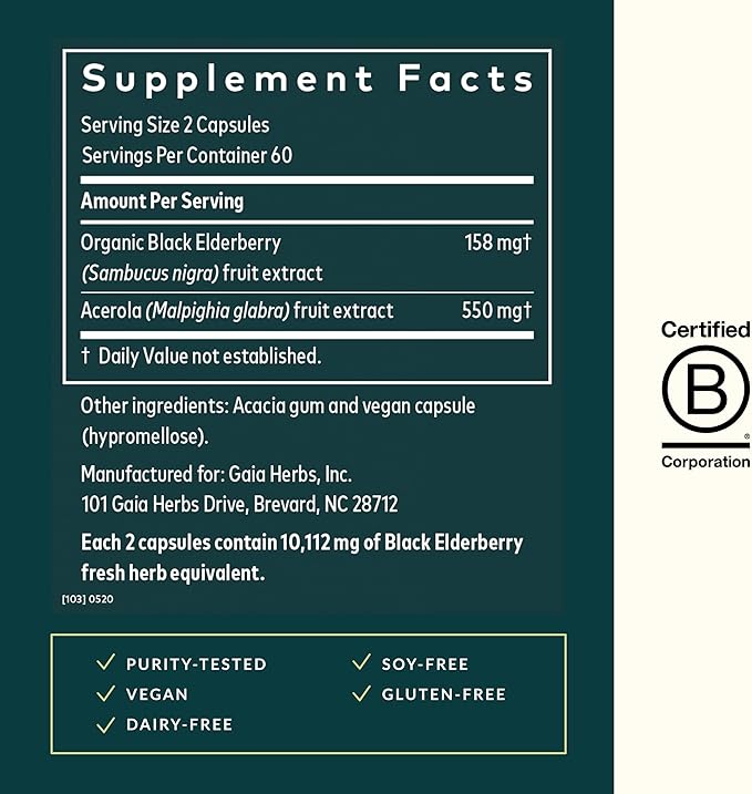 Gaia Herbs Black Elderberry - Daily Immune Support Supplement to Help Maintain Well-Being- with Black Elderberries and Acerola Fruit for Antioxidant Support - 120 Vegan Capsules (60-Day Supply)