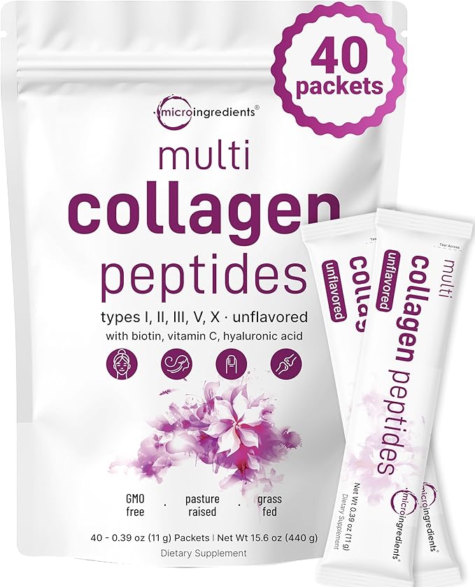Multi Collagen Peptides, 40 Packets | Hydrolyzed Protein Peptides Powder | Type I,II,III,V,X with Hyaluronic Acid, Biotin, & Vitamin C | Unflavored, Keto, & Paleo Friendly | Ez Mix in Drinks