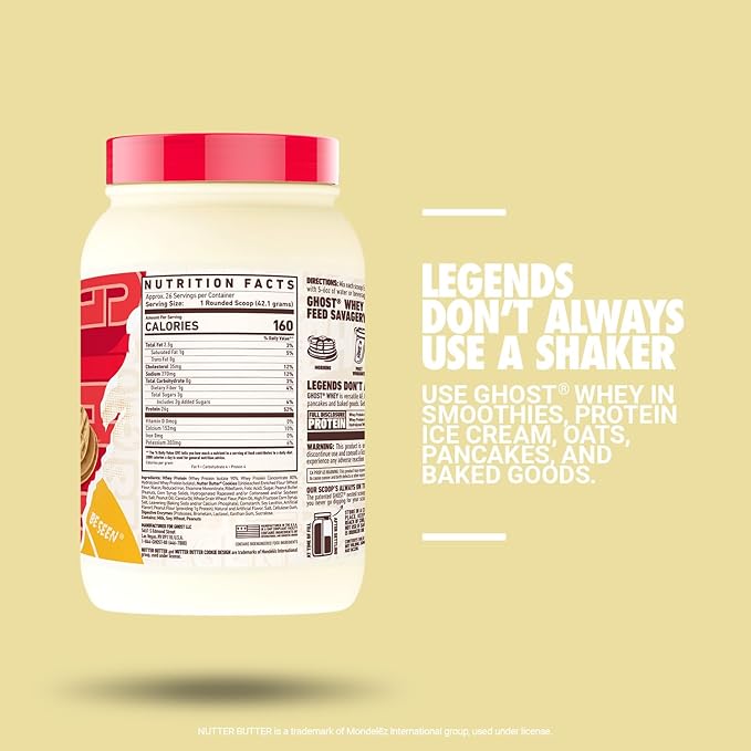 GHOST Whey Protein Powder, Nutter Butter - 2.4LB Tub, 26G of Protein - Peanut Butter Cookie Flavored Isolate, Concentrate & Hydrolyzed Whey Protein Blend