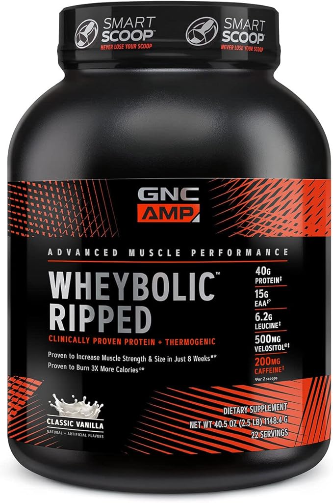 GNC AMP Wheybolic Ripped Whey Protein Powder Isolate with BCAA | Targeted Muscle Building and Workout Support Formula | Gluten Free | Classic Vanilla | 22 Servings