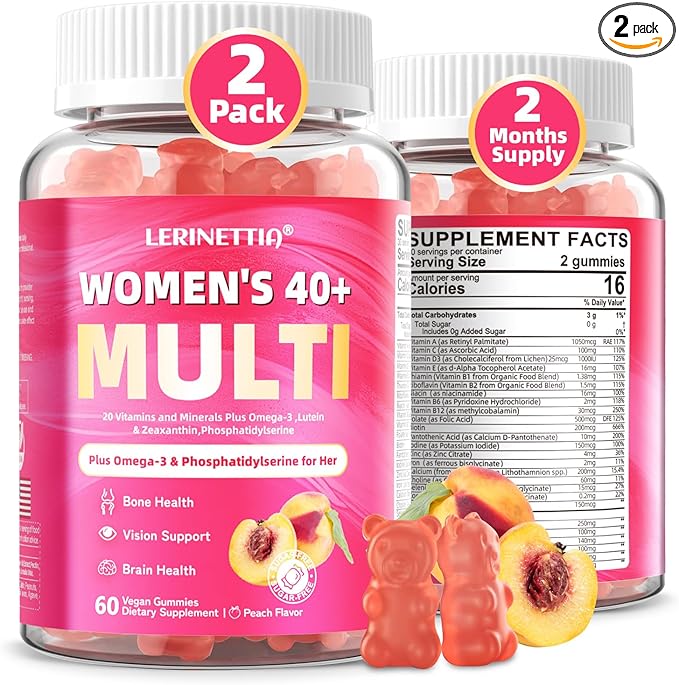 Multivitamin for Women Gummies for 40+ with Omega-3, Niacinamide, B-Complex, Lutein, Iron, Choline, Phosphatidylserine, Vitamin D3 for Skin, Hair, Energy, Immune, Bone - Vegan, Sugar Free, 120Cts